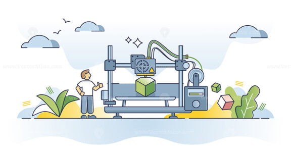 3D printing with three dimensional plastic printer hardware outline concept