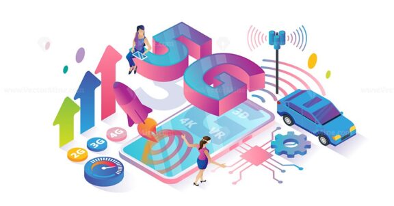 5G speed isometric cyberspace and tiny persons concept vector illustration