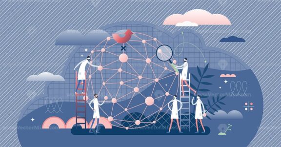 AI network machine learning developers, flat tiny persons concept vector illustration