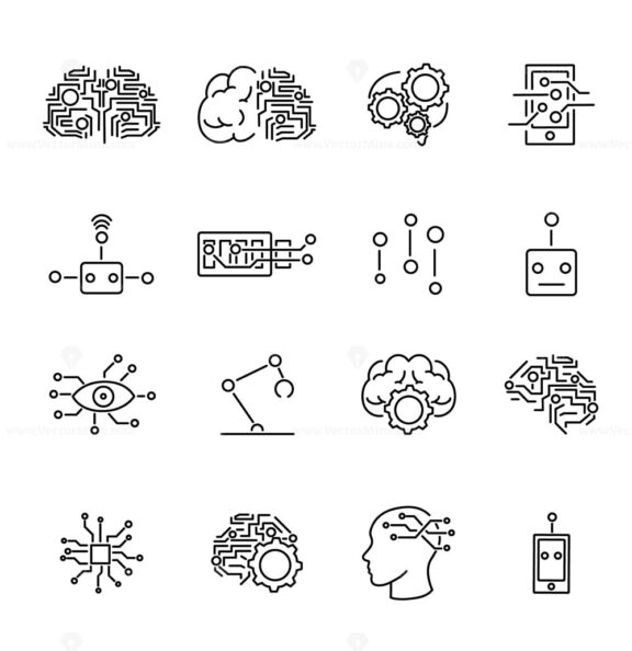 FREE Artificial intelligence robotics outline icons collection with abstract brains, micro chips and robotic body parts symbols