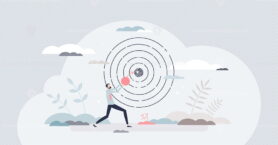 Achieving target and goal as achievement and success tiny person concept