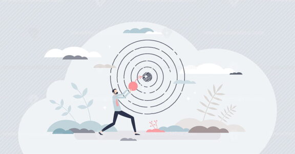 Achieving target and goal as achievement and success tiny person concept