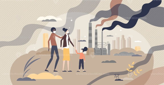 Air pollution from factories CO2 emissions in urban city tiny person concept