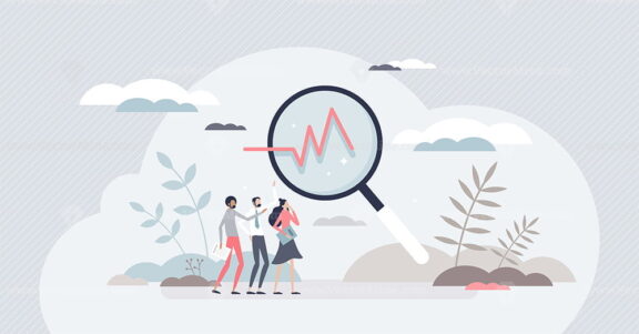 Analysis and data research as monitoring result graphic tiny person concept