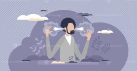 Angry man with anger emotion and mad steam out of ears tiny person concept