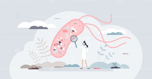 Antibiotic drug resistance, mechanism in bacteria cell tiny person concept