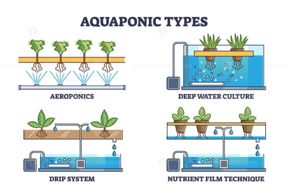 Aquaponic watering and irrigation model types for plants outline collection