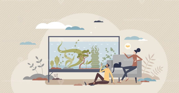 Aquascaping as aquatic plants arrangement in aquarium tiny person concept