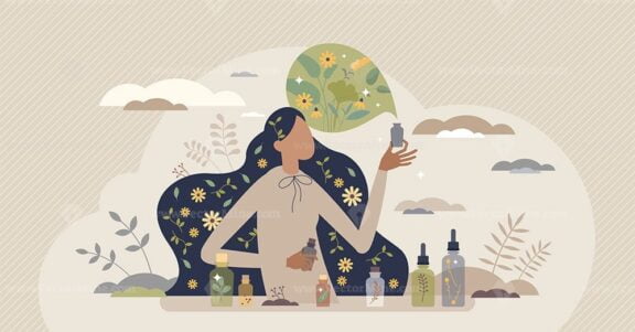 Aromatherapy scent procedure with healthy essential oils tiny person concept