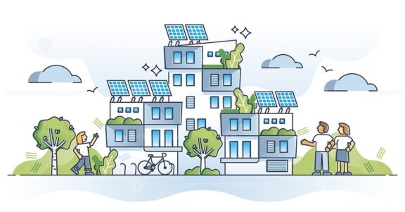 Autonomous building as house with solar panel electricity outline concept