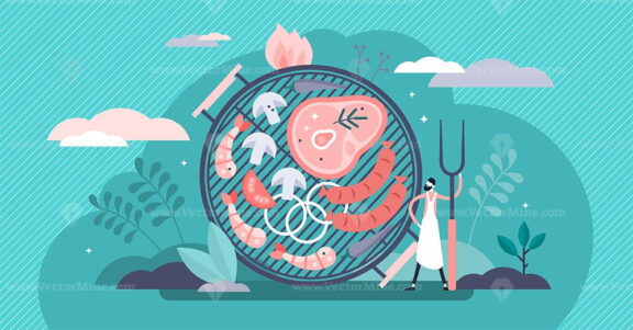 Barbecue grill concept, flat tiny chef person vector illustration