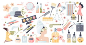 Beauty set with female cosmetics, spa and skincare items tiny peron concept