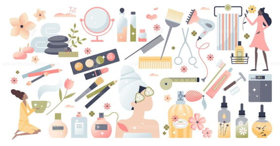 Beauty set with female cosmetics, spa and skincare items tiny peron concept