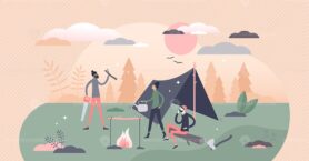 Bushcraft camping in outdoors with tent and fireplace tiny persons concept