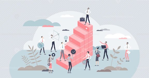 Business career target and successful professional growth tiny person concept
