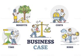 Business case as company evaluation with benefits and risks outline diagram