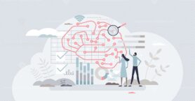 Business intelligence and successful corporate strategy tiny person concept