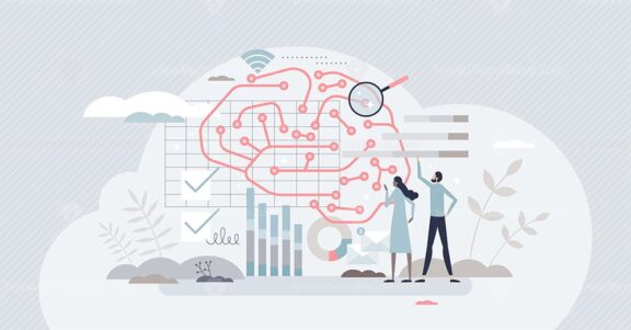 Business intelligence and successful corporate strategy tiny person concept