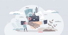 Business for sale and company selling with deal agreement tiny person concept