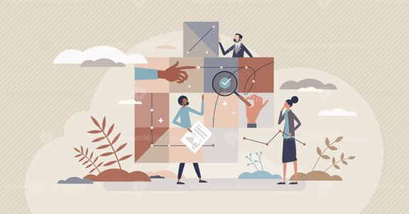 Business intelligence and company strategy management tiny person concept