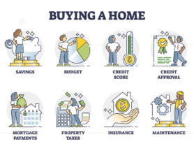 Buying home process with bank approval and house purchase outline collection
