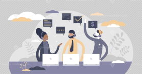 Call center support with answers to customer questions tiny persons concept