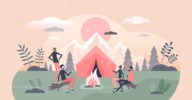 Campfire or fireplace camping adventure with friends tiny persons concept