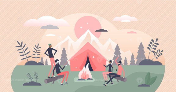Campfire or fireplace camping adventure with friends tiny persons concept