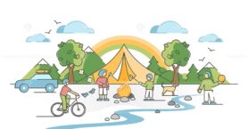 Camping family with kids outdoors with fireplace and shelter outline concept