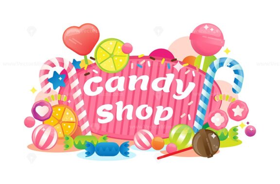FREE Vector illustration with colorful candy shop sign