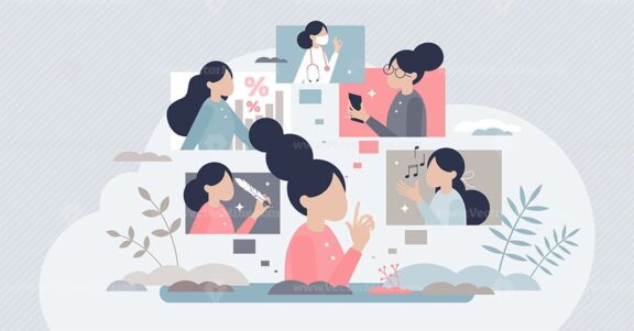 Career choice with various future occupation options tiny person concept