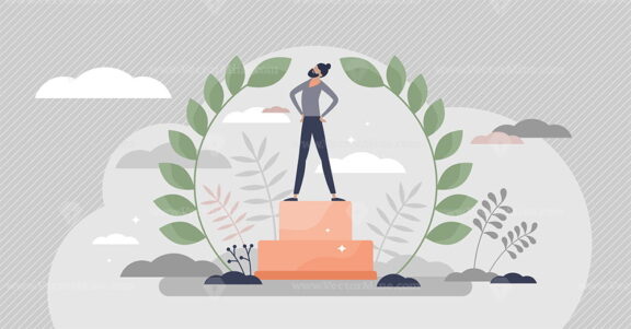 Champion as successful business leader with winners pride tiny person concept