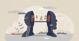 Changing mind thoughts and switch sides for opinion tiny person concept
