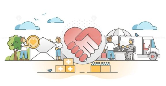 Charity support as social solidarity and help gifts donation outline concept