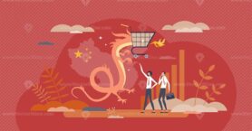 China e-commerce with web sales import and online trade tiny person concept