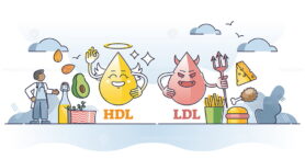 Cholesterol HDL vs LDL character comparison with food example outline concept