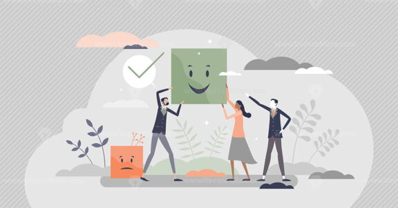 Choosing positive smiling colleague as right decision tiny person concept