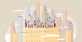 City gardening and plants agriculture on urban rooftops tiny person concept