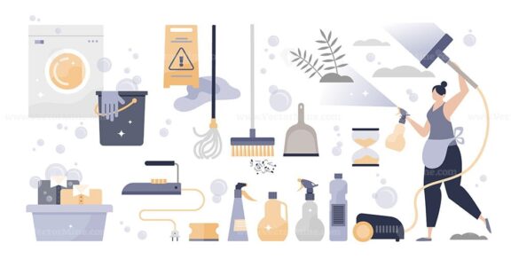 Cleaning set with hygiene tool supply elements collection tiny person concept