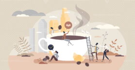 Coffee break and pause from work with hot cafe drink tiny person concept