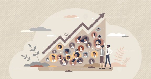 Community growth and social labor count increase graph tiny person concept