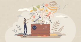 Composting organic food leftovers to fertilize new soil tiny person concept