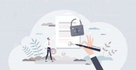 Confidential and classified document with lock protection tiny person concept