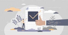 Confirm ok sign in checkbox and positive thumbs up in tiny persons concept