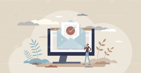 Confirmation letter and e-mail letter with completed job tiny person concept