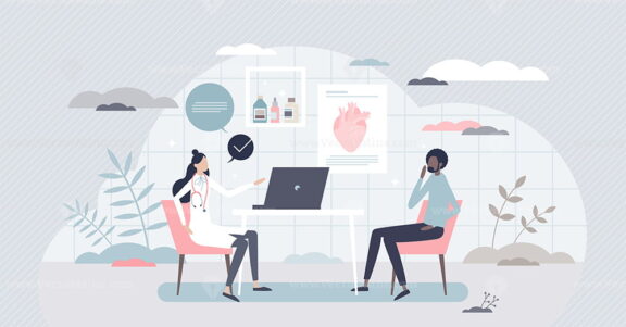Consulting doctor and appointment at medical clinic room tiny person concept