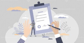 Contract document sign moment as legal deal approvement tiny person concept