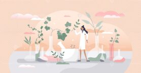 Cosmetic laboratory with herbal skincare product creation tiny person concept