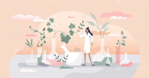 Cosmetic laboratory with herbal skincare product creation tiny person concept