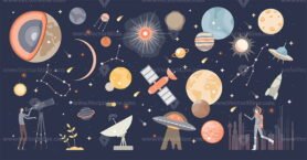 Cosmos collection set and space with stars and galaxies tiny person concept